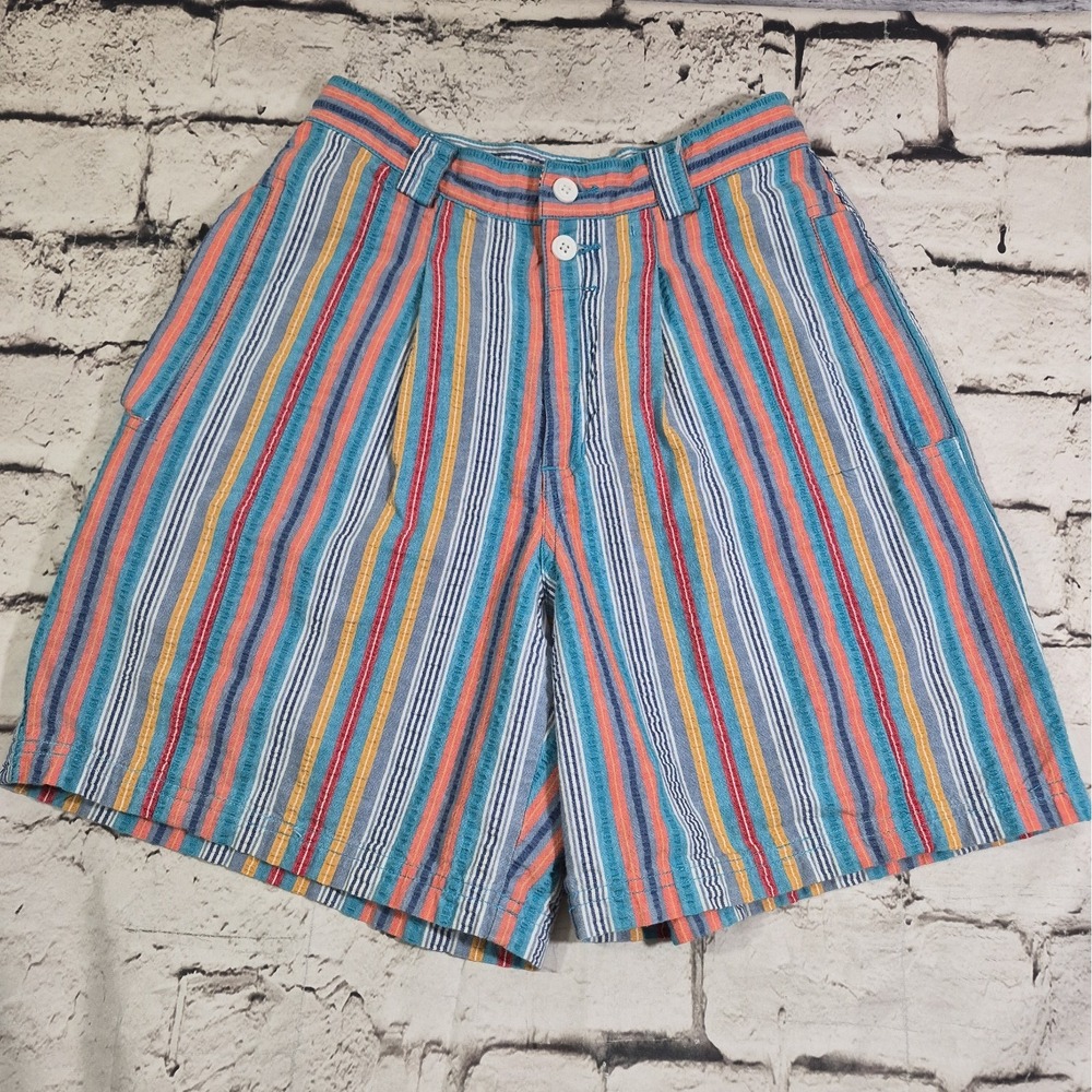 Vtg 90s Vertical Striped Mom Shorts Colorful High-Rise Pleated Preppy Size 6
